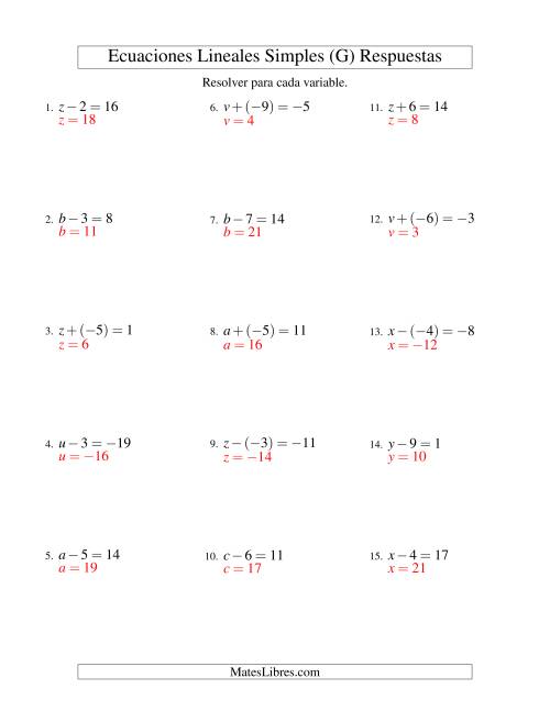 La hoja de ejercicios de Resolver Ecuaciones Lineales de Un Paso con números Más Grandes (G) Página 2