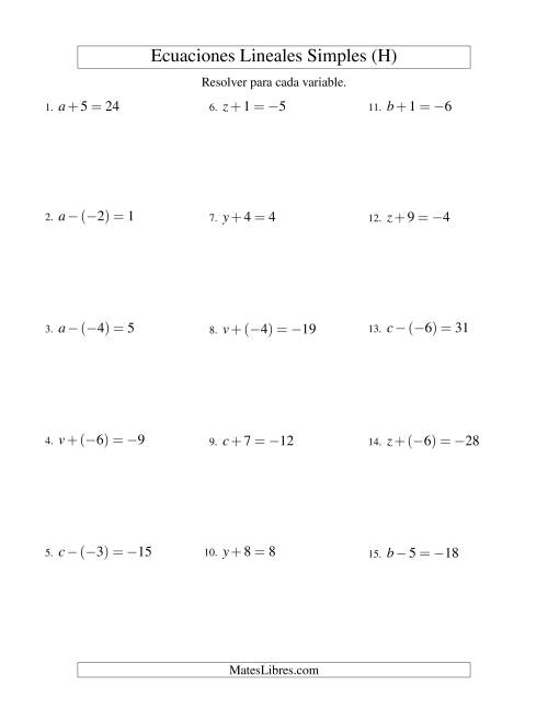 La hoja de ejercicios de Resolver Ecuaciones Lineales de Un Paso con números Más Grandes (H)