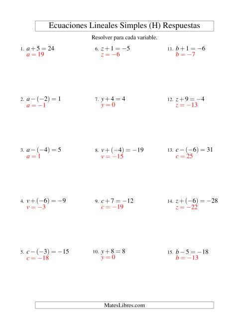 La hoja de ejercicios de Resolver Ecuaciones Lineales de Un Paso con números Más Grandes (H) Página 2