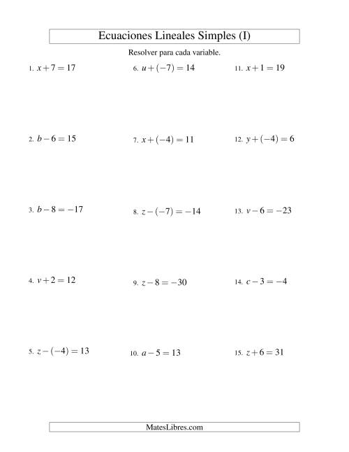 La hoja de ejercicios de Resolver Ecuaciones Lineales de Un Paso con números Más Grandes (I)