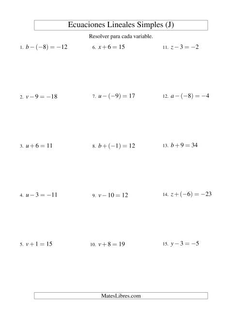 La hoja de ejercicios de Resolver Ecuaciones Lineales de Un Paso con números Más Grandes (J)
