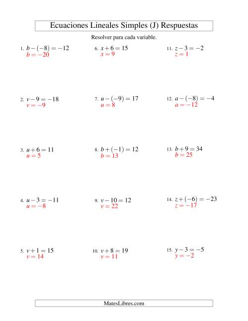 La hoja de ejercicios de Resolver Ecuaciones Lineales de Un Paso con números Más Grandes (J) Página 2