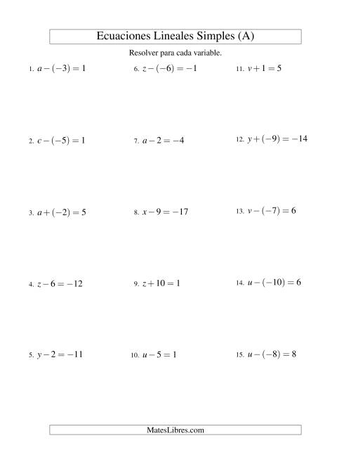 La hoja de ejercicios de Resolver Ecuaciones Lineales de Un Paso con números Sencillos (A)