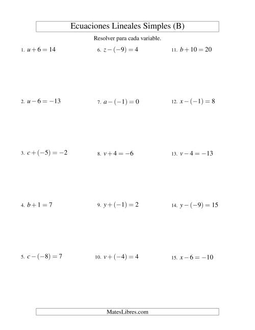 La hoja de ejercicios de Resolver Ecuaciones Lineales de Un Paso con números Sencillos (B)