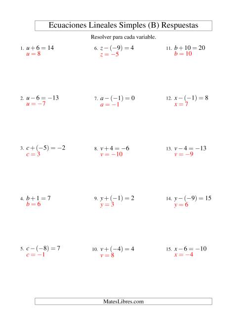 La hoja de ejercicios de Resolver Ecuaciones Lineales de Un Paso con números Sencillos (B) Página 2
