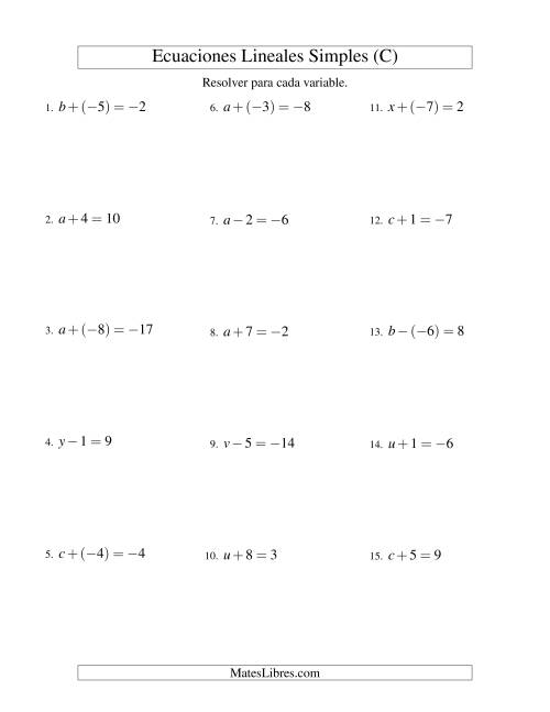 La hoja de ejercicios de Resolver Ecuaciones Lineales de Un Paso con números Sencillos (C)