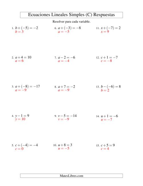 La hoja de ejercicios de Resolver Ecuaciones Lineales de Un Paso con números Sencillos (C) Página 2