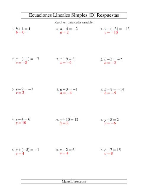 La hoja de ejercicios de Resolver Ecuaciones Lineales de Un Paso con números Sencillos (D) Página 2