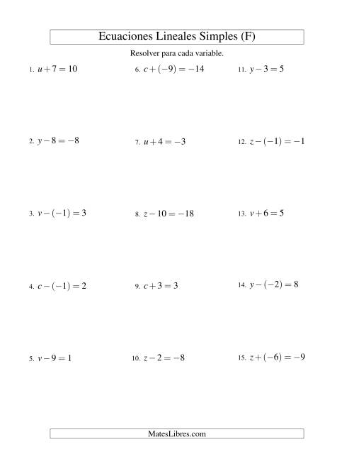 La hoja de ejercicios de Resolver Ecuaciones Lineales de Un Paso con números Sencillos (F)