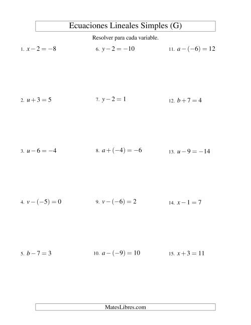 La hoja de ejercicios de Resolver Ecuaciones Lineales de Un Paso con números Sencillos (G)