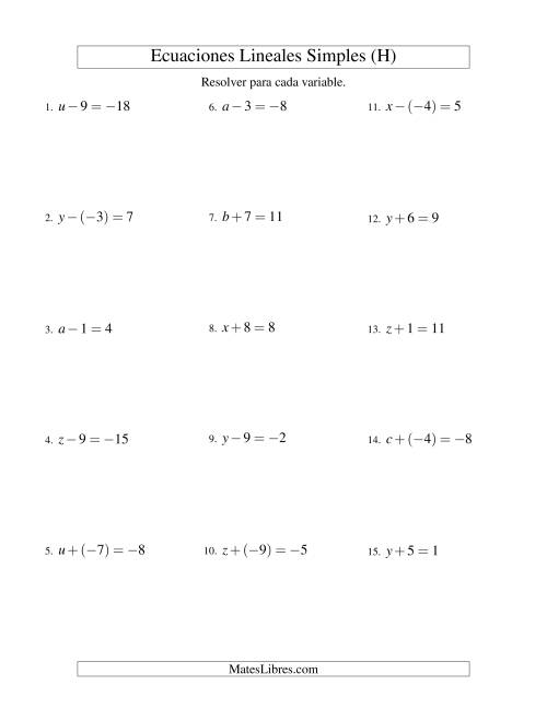 La hoja de ejercicios de Resolver Ecuaciones Lineales de Un Paso con números Sencillos (H)