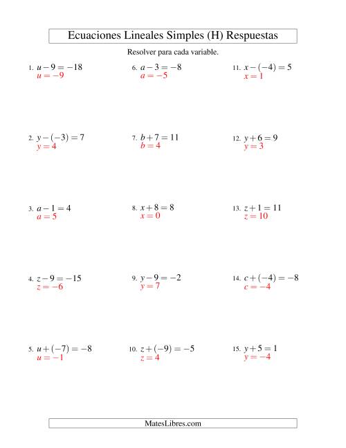 La hoja de ejercicios de Resolver Ecuaciones Lineales de Un Paso con números Sencillos (H) Página 2