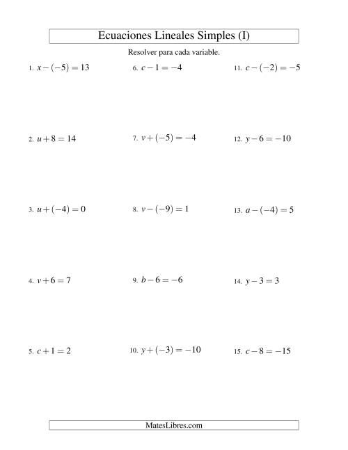 La hoja de ejercicios de Resolver Ecuaciones Lineales de Un Paso con números Sencillos (I)