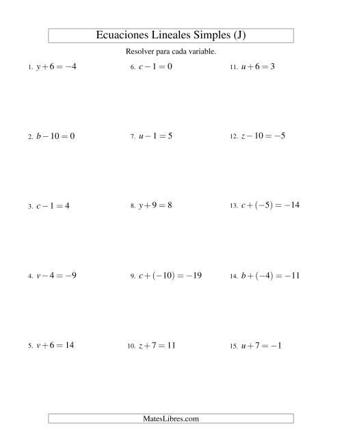 La hoja de ejercicios de Resolver Ecuaciones Lineales de Un Paso con números Sencillos (J)