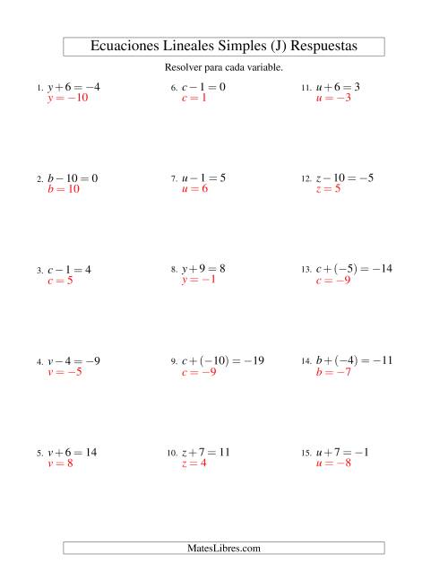 La hoja de ejercicios de Resolver Ecuaciones Lineales de Un Paso con números Sencillos (J) Página 2