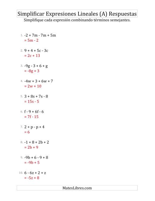 La hoja de ejercicios de Simplificar Expresiones Lineales con Cuatro Términos (A) Página 2