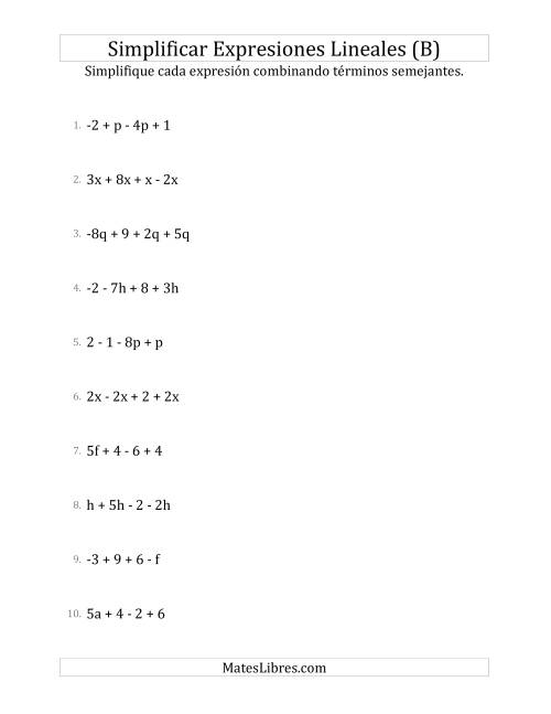 La hoja de ejercicios de Simplificar Expresiones Lineales con Cuatro Términos (B)