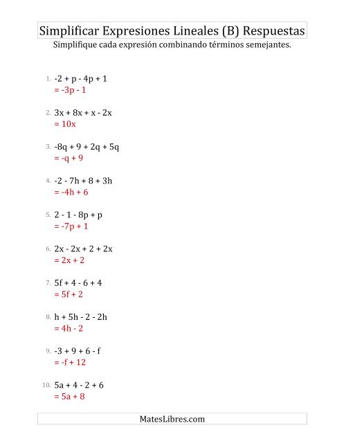 La hoja de ejercicios de Simplificar Expresiones Lineales con Cuatro Términos (B) Página 2