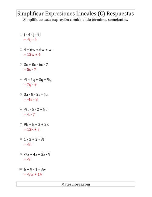 La hoja de ejercicios de Simplificar Expresiones Lineales con Cuatro Términos (C) Página 2