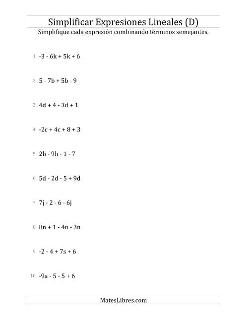 La hoja de ejercicios de Simplificar Expresiones Lineales con Cuatro Términos (D)