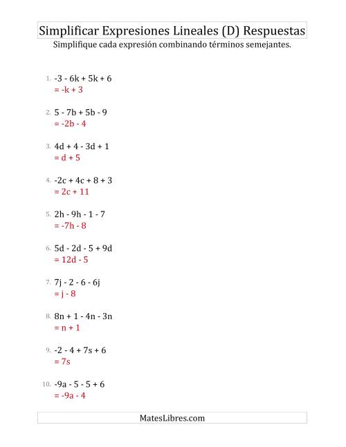 La hoja de ejercicios de Simplificar Expresiones Lineales con Cuatro Términos (D) Página 2