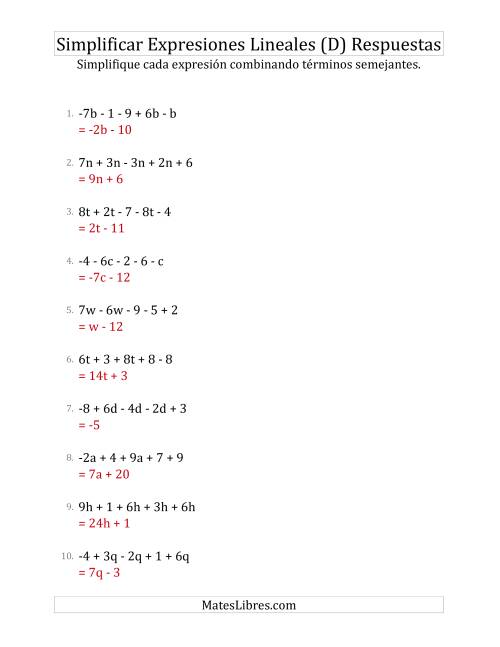 La hoja de ejercicios de Simplificar Expresiones Lineales con Cinco Términos (D) Página 2