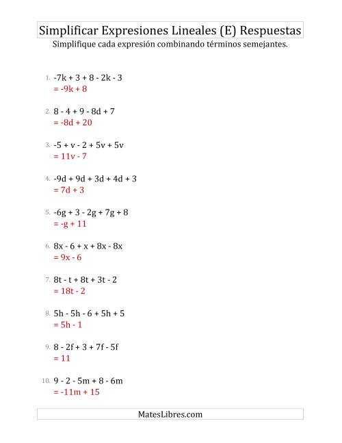 La hoja de ejercicios de Simplificar Expresiones Lineales con Cinco Términos (E) Página 2