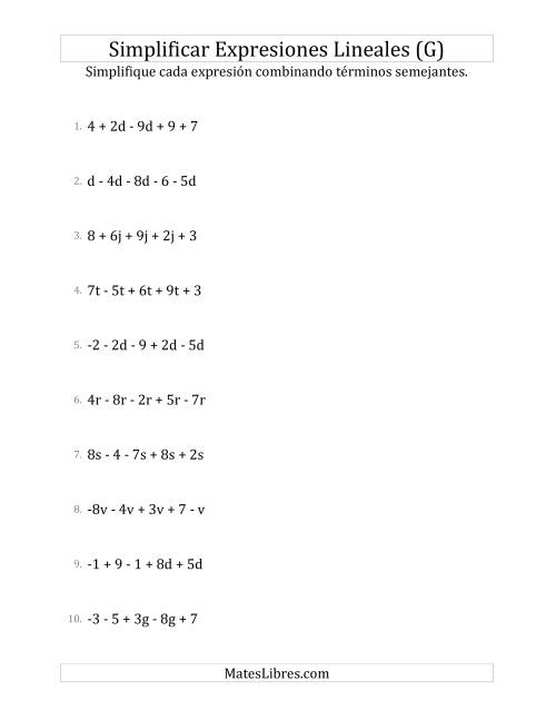 La hoja de ejercicios de Simplificar Expresiones Lineales con Cinco Términos (G)