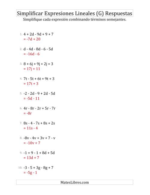 La hoja de ejercicios de Simplificar Expresiones Lineales con Cinco Términos (G) Página 2