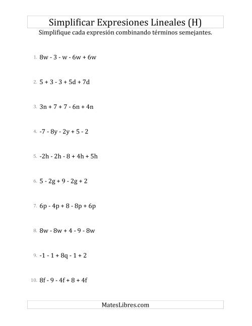 La hoja de ejercicios de Simplificar Expresiones Lineales con Cinco Términos (H)