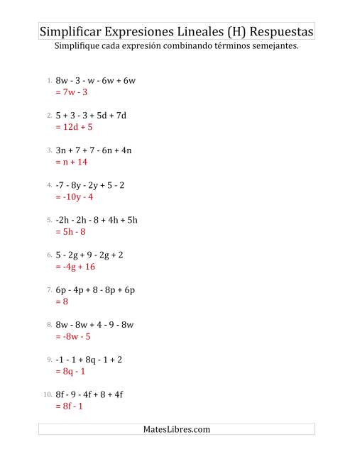 La hoja de ejercicios de Simplificar Expresiones Lineales con Cinco Términos (H) Página 2