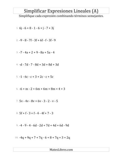 La hoja de ejercicios de Simplificar Expresiones Lineales con entre Seis y Diez Términos (A)