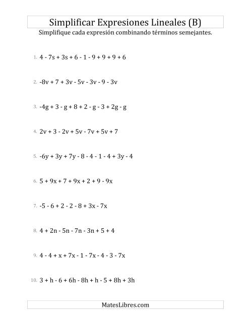 La hoja de ejercicios de Simplificar Expresiones Lineales con entre Seis y Diez Términos (B)