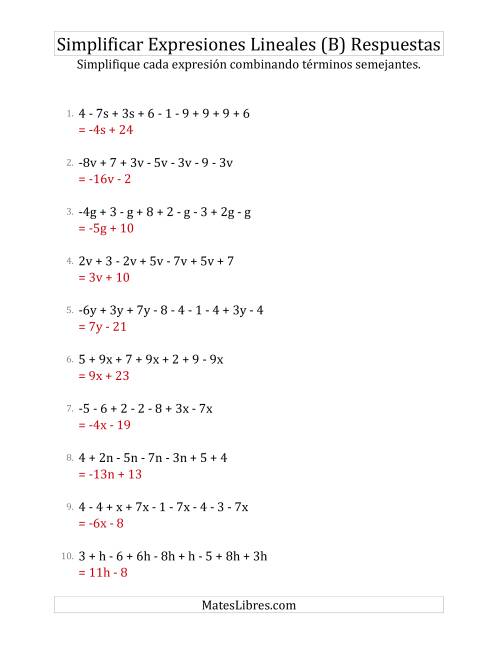La hoja de ejercicios de Simplificar Expresiones Lineales con entre Seis y Diez Términos (B) Página 2