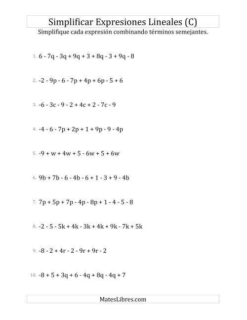 La hoja de ejercicios de Simplificar Expresiones Lineales con entre Seis y Diez Términos (C)