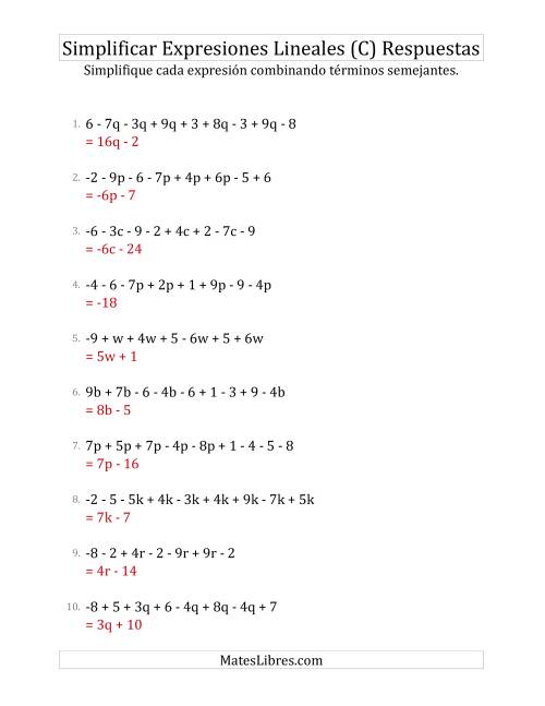 La hoja de ejercicios de Simplificar Expresiones Lineales con entre Seis y Diez Términos (C) Página 2