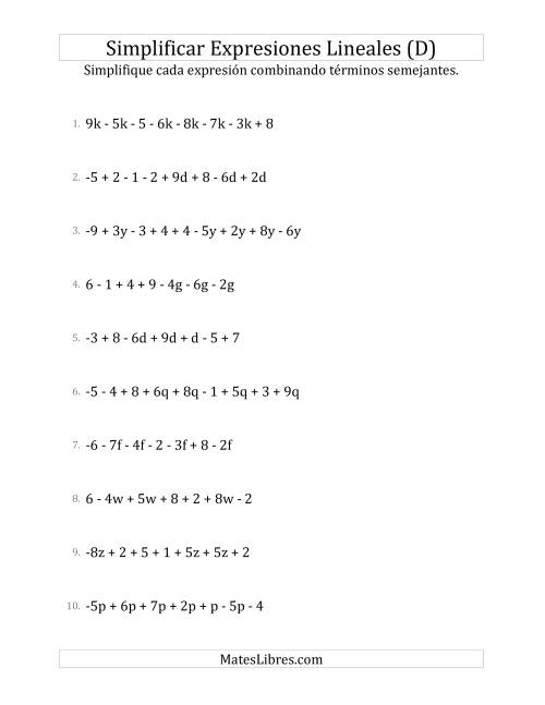 La hoja de ejercicios de Simplificar Expresiones Lineales con entre Seis y Diez Términos (D)