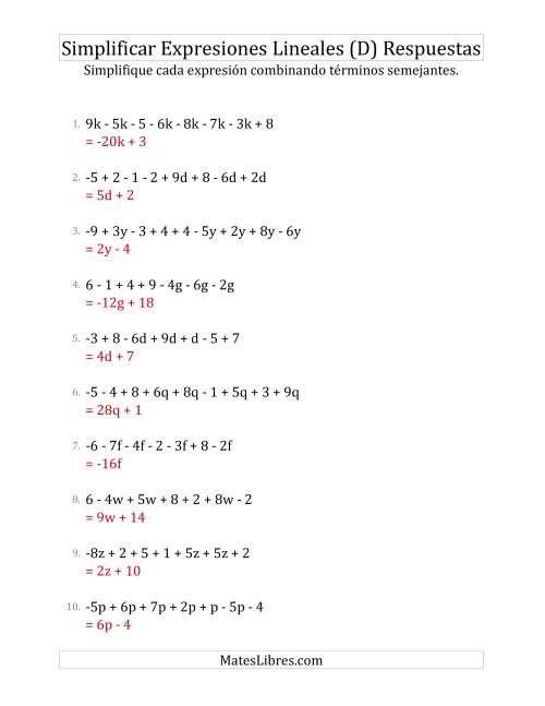 La hoja de ejercicios de Simplificar Expresiones Lineales con entre Seis y Diez Términos (D) Página 2