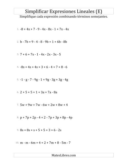 La hoja de ejercicios de Simplificar Expresiones Lineales con entre Seis y Diez Términos (E)