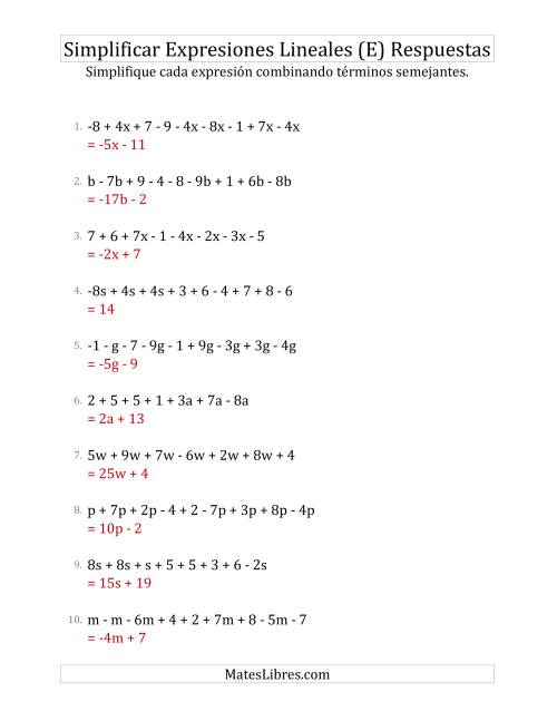 La hoja de ejercicios de Simplificar Expresiones Lineales con entre Seis y Diez Términos (E) Página 2