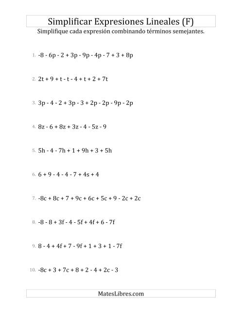La hoja de ejercicios de Simplificar Expresiones Lineales con entre Seis y Diez Términos (F)