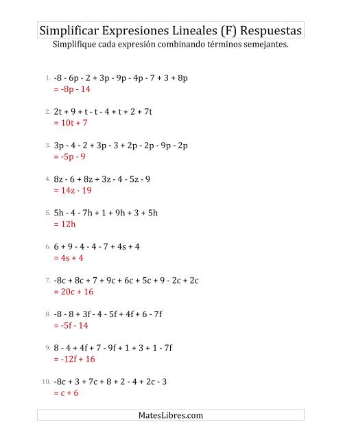 La hoja de ejercicios de Simplificar Expresiones Lineales con entre Seis y Diez Términos (F) Página 2