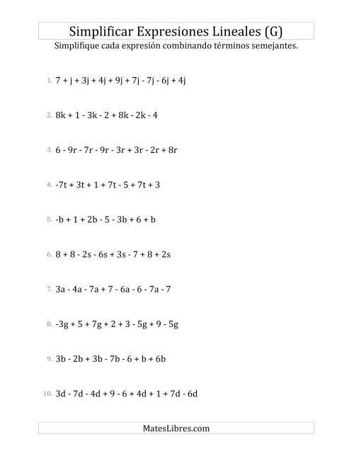 La hoja de ejercicios de Simplificar Expresiones Lineales con entre Seis y Diez Términos (G)