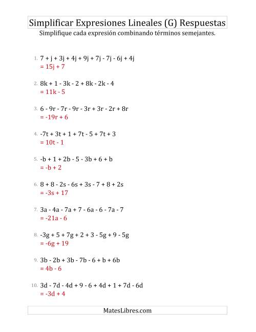 La hoja de ejercicios de Simplificar Expresiones Lineales con entre Seis y Diez Términos (G) Página 2