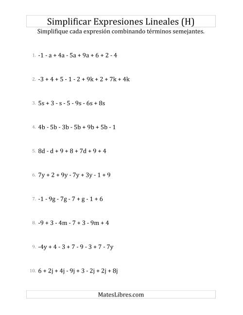 La hoja de ejercicios de Simplificar Expresiones Lineales con entre Seis y Diez Términos (H)