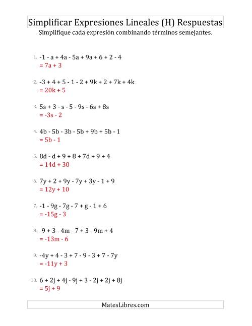 La hoja de ejercicios de Simplificar Expresiones Lineales con entre Seis y Diez Términos (H) Página 2