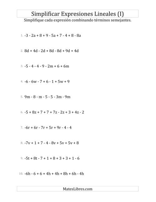 La hoja de ejercicios de Simplificar Expresiones Lineales con entre Seis y Diez Términos (I)