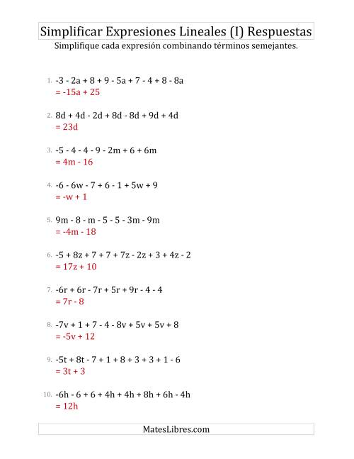 La hoja de ejercicios de Simplificar Expresiones Lineales con entre Seis y Diez Términos (I) Página 2