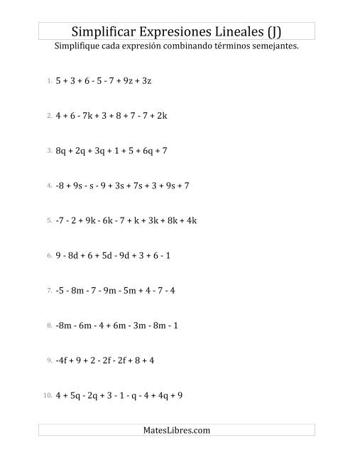 La hoja de ejercicios de Simplificar Expresiones Lineales con entre Seis y Diez Términos (J)