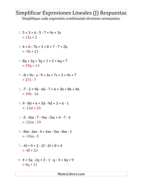 La hoja de ejercicios de Simplificar Expresiones Lineales con entre Seis y Diez Términos (J) Página 2